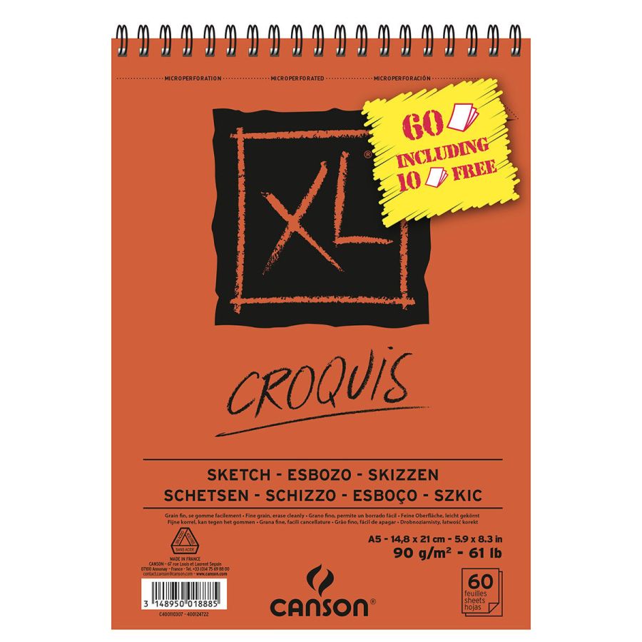 Bloc Canson Xl Croquis A5 - 60 Feuilles Dont 10 Gratuites - 90G Grain Fin