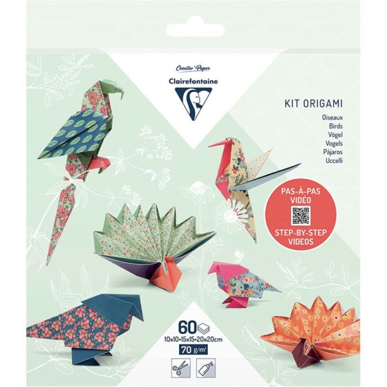 kit origami 60 feuilles 3 formats sur le theme des oiseaux