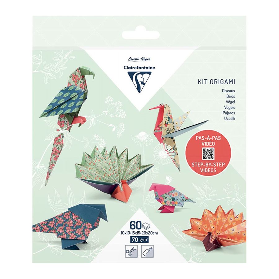 kit origami 60 feuilles 3 formats sur le theme des oiseaux