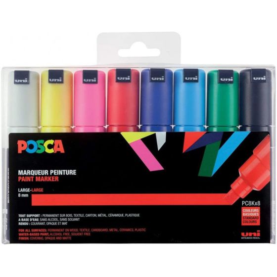Set De 8 Marqueurs Posca Pointe Large Bisautee Couleurs Vives