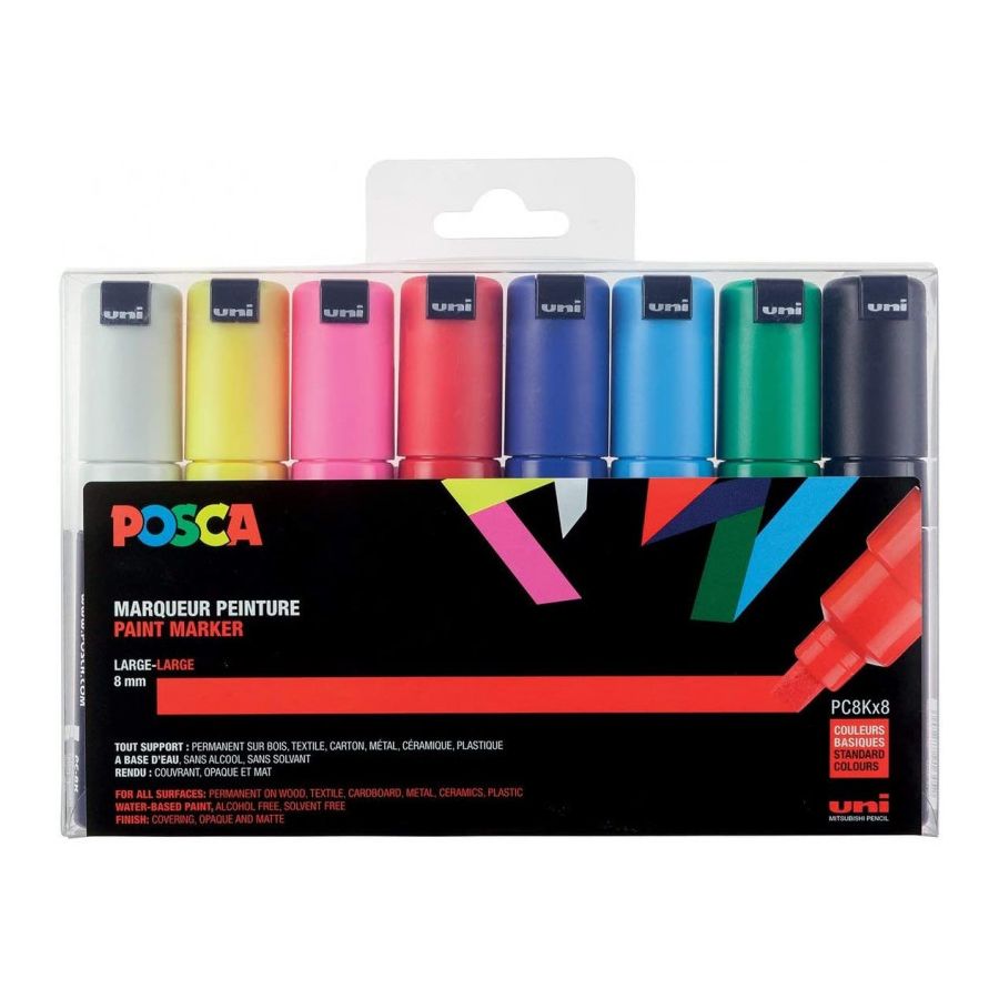 Set De 8 Marqueurs Posca Pointe Large Bisautee Couleurs Vives